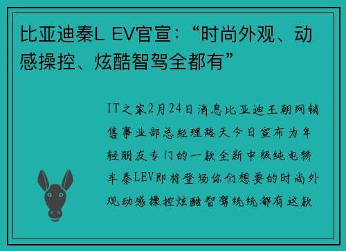 比亚迪秦L EV官宣：“时尚外观、动感操控、炫酷智驾全都有”