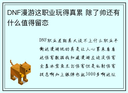 DNF漫游这职业玩得真累 除了帅还有什么值得留恋