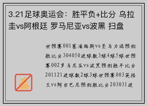 3.21足球奥运会：胜平负+比分 乌拉圭vs阿根廷 罗马尼亚vs波黑 扫盘
