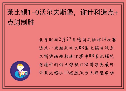 莱比锡1-0沃尔夫斯堡，谢什科造点+点射制胜